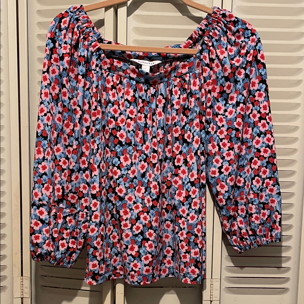 POPSUGAR Red, Pink and Blue Floral Blouse